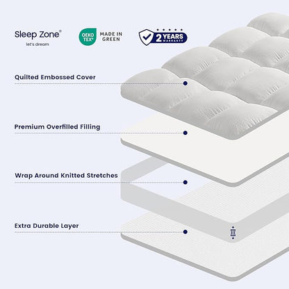 SLEEP ZONE Mattress Topper King Size, Extra Thick Fitted Mattress Pad for Back Pain, Plush and Support Mattress Cover, Deep Pockets Mattress Protector, Hotel Quality (White, King)