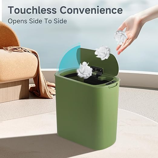 Automatic Motion Sensor Bathroom Trash Can with Lid, 2.6 Gallon Touchless Trash Bin, Smart Garbage Can Plastic Slim Wastebasket for Bedroom, Office, Dorm (Green)