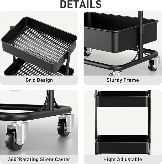 3 Tier Modern Metal Rolling Tool Cart with Silent Casters, 17.72×12.40×35.04 inch Heavy Duty Organization Truck Trolley Organizer for Office, Living Room, Kitchen, (Black)