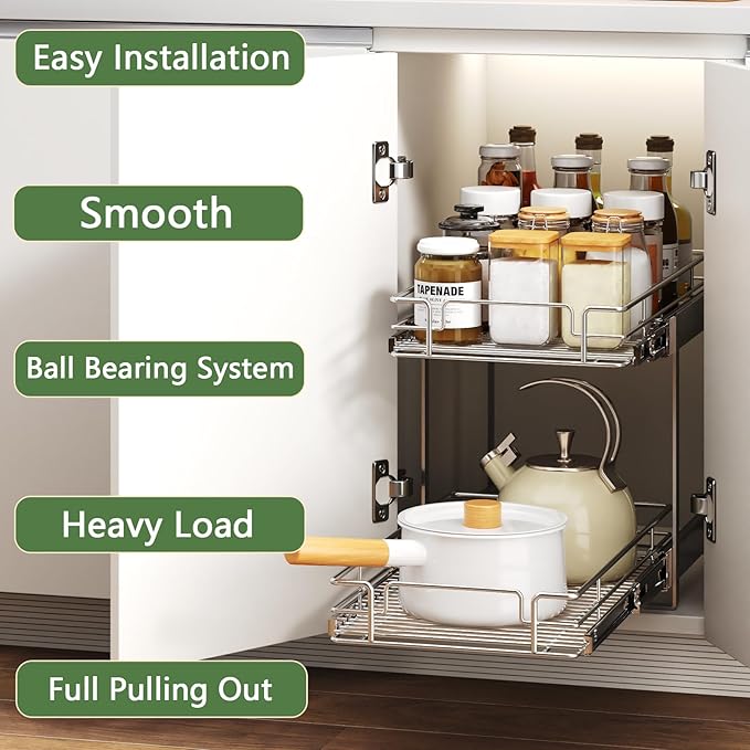 2 Tier Individual Pull Out Cabinet Organizer 14½" W x 21½" D, Heavy Duty Cabinet Pull Out Shelves, Slide Out Drawers Organization for Kitchen Cabinets Bathroom