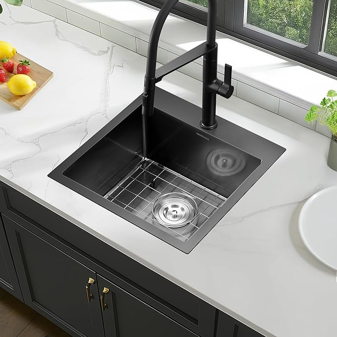 18-Inch Black Bar Sink Drop-In, SINKVINE PVD Nano Stainless Steel Kitchen Sink for Laundry, Outdoor, RV, Top Mount Deep Single Bowl Sink w/Drain Strainer, Bottom Grid, Roll-up Drying Unit, Dark Gray