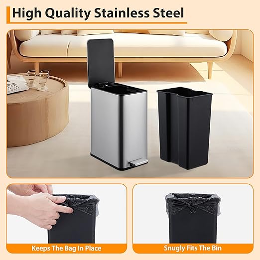 2.6 Gallon Kitchen Trash Can, Stainless Steel Garbage Can with Soft-Close Lid, Step Rubbish Bin with Removable Inner Bucket, Narrow Recycle Bins for Kitchen, Bathroom, Bedroom
