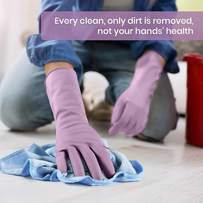 Rubber Cleaning Gloves for Dishwashing, 4 Pairs Reusable Kitchen Gloves for Washing Dishes and Household Cleaning, Purple Dish Gloves with Flocked Lining and Non-Slip Grip, Pefect for Woman Men - L