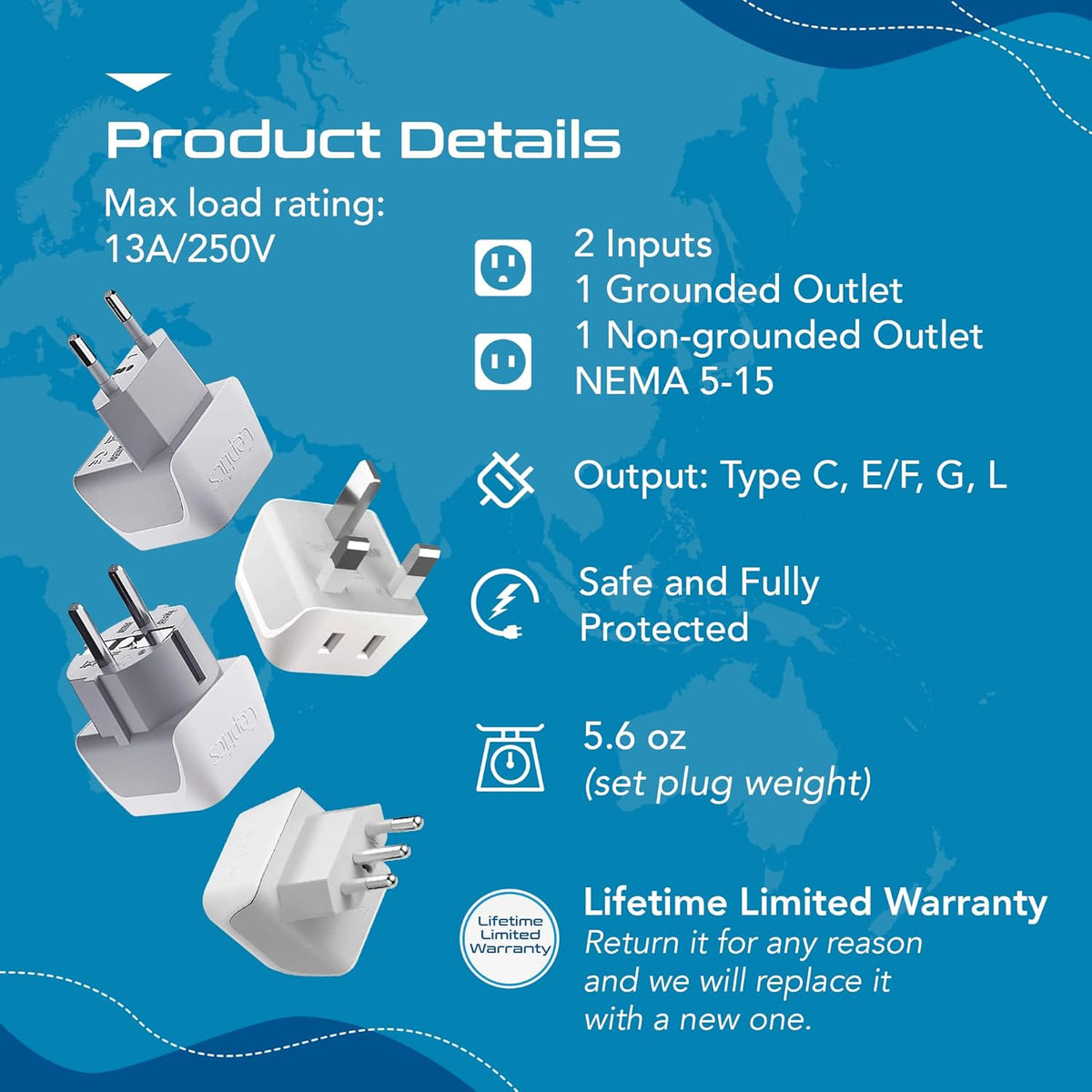 Ceptics European Plug Adapter 4 Pack Set, USA to Europe, Italy, Germany, England, Spain, Italy, Iceland, France (Type C, E/F, G, L) - for Your Cell Phones, Tablets, iPhone, Camera (CT-EU-4SET)