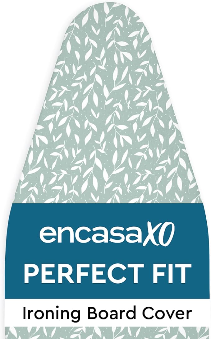Encasa XO Ironing Board Cover and Pad 49"x18" - Thick 3mm Felt Padding, Drawstring Tightening & Lock, Easy Fit, Scorch & Stain Resistant, Fits Wide Ironing Board - Green Leaflet