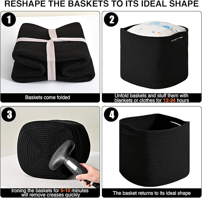 11 Inch Cube Storage Bins, Storage Cube Organizer Bins, Woven Cotton Rope Basket for Storage, Storage Baskets for Organizing Shelves, Square Baskets for Toys, Black (Pack of 3)