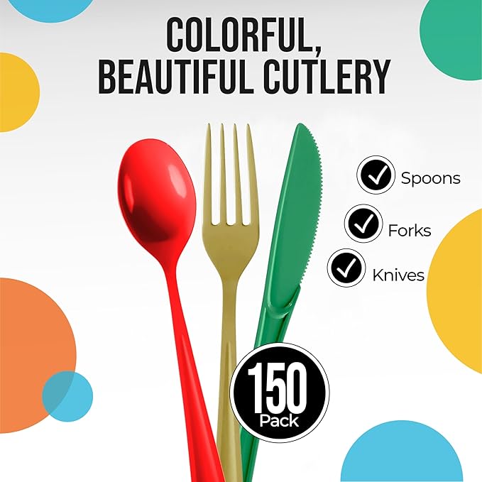 Party Solids Christmas Plastic Silverware Heavy Duty 150 Pieces Christmas Plastic Cutlery Sets, Utensil Sets, 50 Of Each Forks, Knives & Spoons Disposable Cutlery Set, Flatware Set For Party Supplies