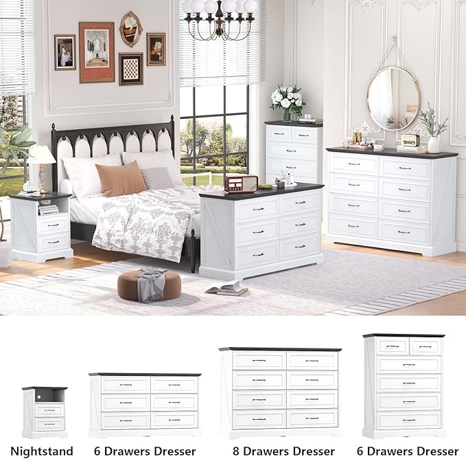 8 Drawer Dresser for Bedroom, 47" Wide Wooden Chest of Drawers, Rustic Farmhouse Dresser with Large Drawers & Metal Handles, Modern Storage Organizer for Closet, Living Room, Hallway, White