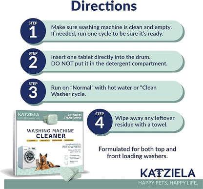 Katziela Washing Machine Cleaner Tablets – 24 Pack (12-Month Supply) – Formulated for Pet Owners – Helps Loosen Pet Hair & Eliminate Odors – Fragrance-Free, Enzyme-Based – Septic Safe & HE Compatible