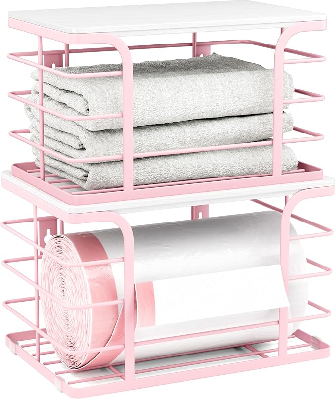 2 Pack Extra Large Stackable Pantry Storage with Bamboo Top,Wall Mount Trash Bag Dispenser Roll Holder for Kitchen Pantry Laundry Room,Pink