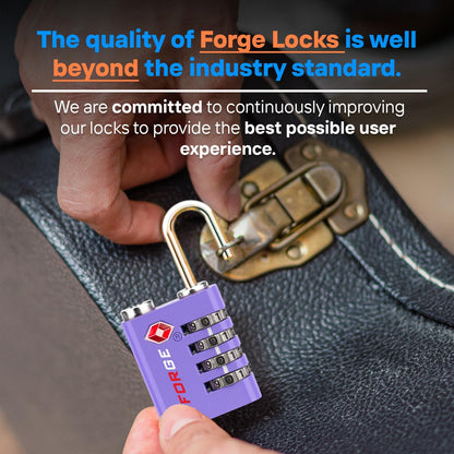 Forge Dual-Opening: Key or Combination Access Lock, TSA Approved Locks for Luggage, Pelican case, Travel, Gym, School, Stainless Steel Shackle. (Purple, 2 Pk)