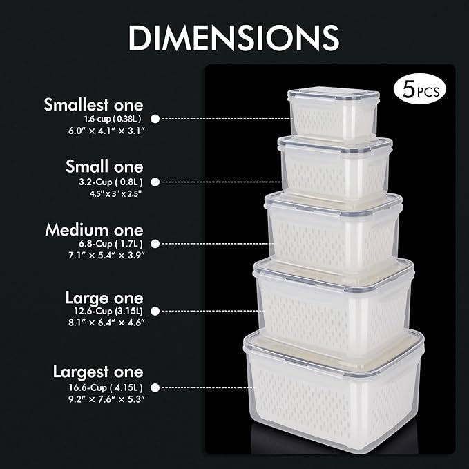 HOTEC 5-Pack Large Fruit Storage Container for Fridge Leak proof with Removable Colander, BPA Free Dishwasher & microwave safe Largest 4.15L