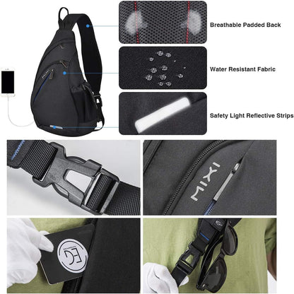 mixi Sling Bag Men Backpack Unisex One Shoulder Bag Hiking Travel Backpack Crossbody with USB Port for Men Women Versatile Casual Daypack-20 inch,Black