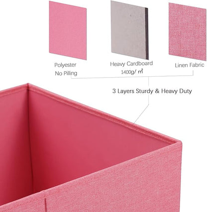HOONEX Linen Foldable Storage Bins with Lids, 2 Pack, Storage Boxes with Carrying Handles and Sturdy Heavy Cardboard, 16.5" L x 11.8" W x 7.5" H for Shoes, Books, Clothes, Nursery, Pink