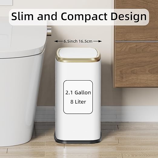 8L/2.1 Gallon Small Bathroom Trash Can with Lid, Swing-Top Rectangular Waste Bin, Stainless Steel Garbage Can for Home, Office, Toilet, Bedroom, Living-Room (White)