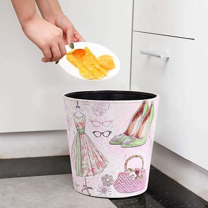 PU Leather Small Trash Can Wastebasket, Round Garbage Container Basket for Bathrooms, Laundry Room, Kitchens, Offices, Kids Rooms, Bedrooms,Dorms,Home Decorative Art Bin, 2.9 Gallon(Fashion Style)