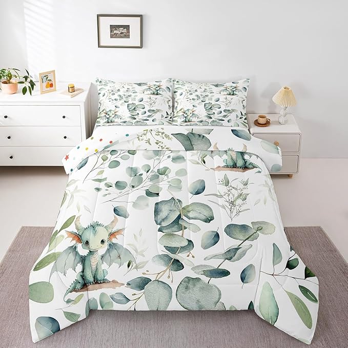 Erosebridal Boys Magic Animal Full Size Comforter Set Cute Dragon Bedding Set, Cartoon Wildlife Down Comforter Green Leaf Bed Set, Spring Garden Plant Quilted Duvet Child Kids Bedroom Decor