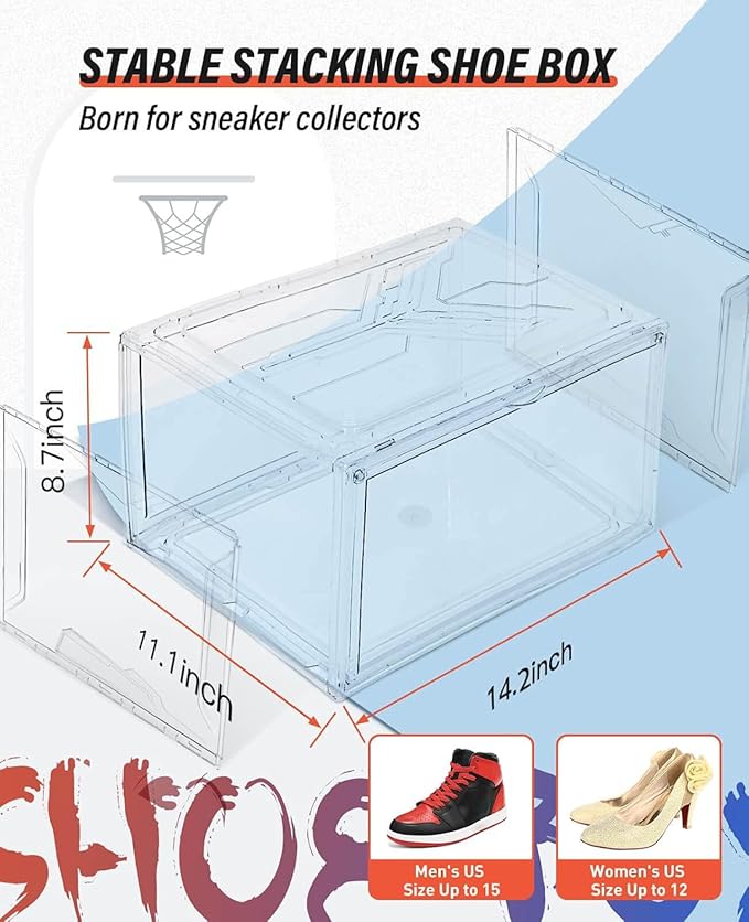 KDOR Shoe Box for sneakers，Closet,hat Clear Plastic Stackable 10 Pack Sneaker Storage Boxes with Magnetic Door, Acrylic Display Case, Strong and Sturdy Fit Shoe Size Up to US 15