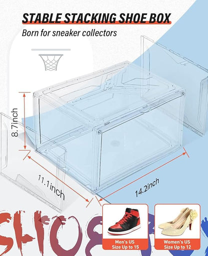 KDOR Shoe Box for sneakers，Closet,hat Clear Plastic Stackable 10 Pack Sneaker Storage Boxes with Magnetic Door, Acrylic Display Case, Strong and Sturdy Fit Shoe Size Up to US 15