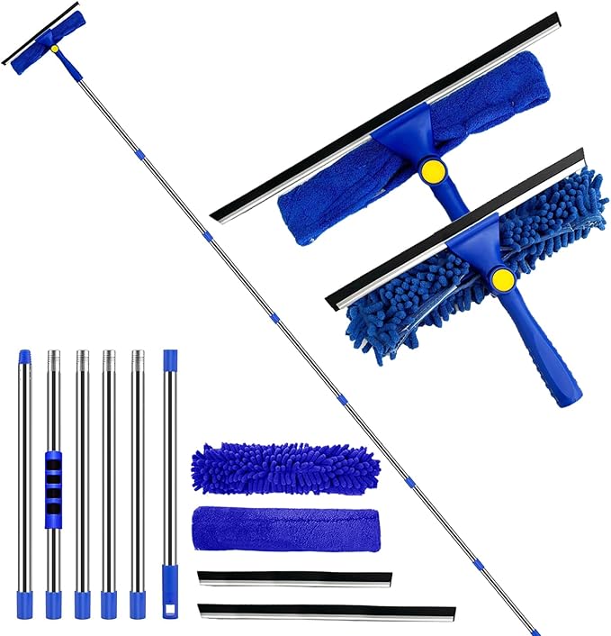 Window Squeegee Cleaner Tool Set,3-in-1 Window Cleaning Kit with 94" Long Extension Pole,Rotatable Bendable Window Washing Kit with 2 Blade 2 Scrubber for Home Car Glass Window Cleaning (11Pcs,Blue)