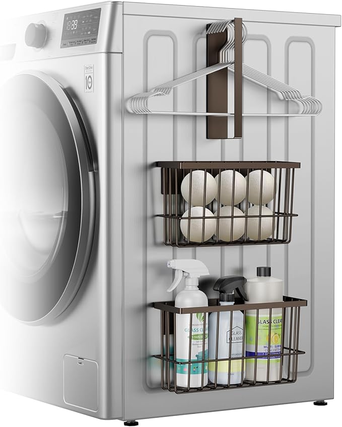 Magnetic Dryer Ball Holder and Magnetic Hanger Holder for Laundry Room Organization and Storage, Magnetic Lint Bin for Laundry Room, Iron Basket Dryer Ball Container for Laundry Room Storage (Brown)