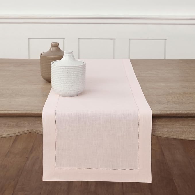 Solino Home Linen Pink Table Runner 108 Inches Long - 100% Pure Linen 14 x 108 Inch Table Runner for Christmas - Classic Hemstitch