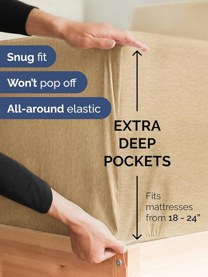 Extra Deep Pocket Queen Sheet Set - 4 Piece Breathable & Cooling Bed Sheets - Hotel Luxury Sheet Set - Soft, Wrinkle Free & Comfy - Easily Fits Extra Deep Mattresses - Deep Pocket Heathered Tan Sheets