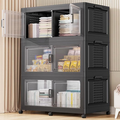 BROVIEW 52.7"H 150Gal Plastic Storage Bins with Lid & Wheels,3Pack Extra Large Stackable Storage Bins with Dividers,Closet Organizers and Storage Cabinet Collapsible Box Shelves for Home Kitchen,Black