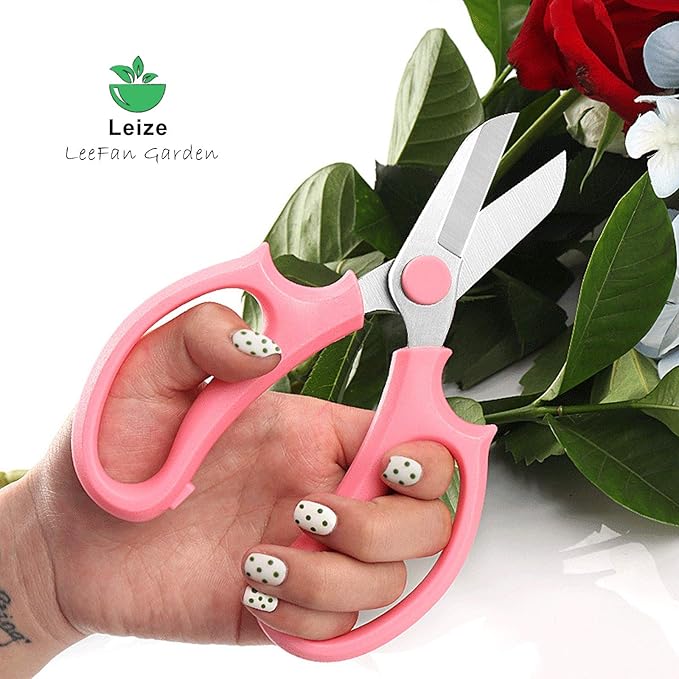 Leize Flower Scissors, Premium Thickened Stainless Steel Floral Shears, Strong Pruner for Flowers, Branches and Leaves (Pink)