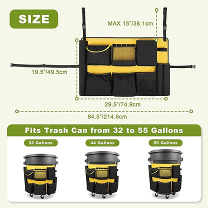 32-55 Gallon Trash Can Caddy Bag, Garbage Bin Apron Caddy with Multiple Pockets for Cleaning Supplies, Cleaning Tool Organizer with Adjustable Buckle for Janitorial Trash Can, Black+Yellow
