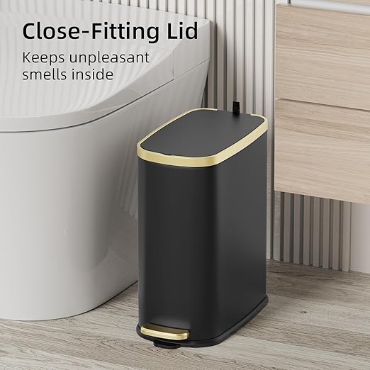 KUK Small Bathroom Trash Can with Lid Soft Close, Step Pedal, 2.4 Gal Stainless Steel Garbage Can with Removable Inner Bucket, Anti-Fingerprint Wastebasket for Office, Bedroom, Toilet (Black)