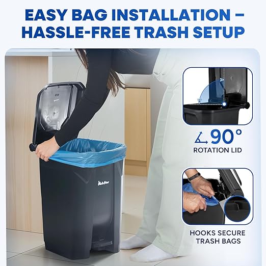 14 Gallon Step-On Trash Can/Container, Black Plastic Dustbin with Lid and Foot Pedal, Hands-Free Disposal