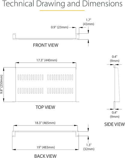 StarTech.com 1U Server Rack Shelf - Vented Rack Mount Cantilever Tray for 19" Network Rack & Cabinet, 44lb/20kg, 10" Deep