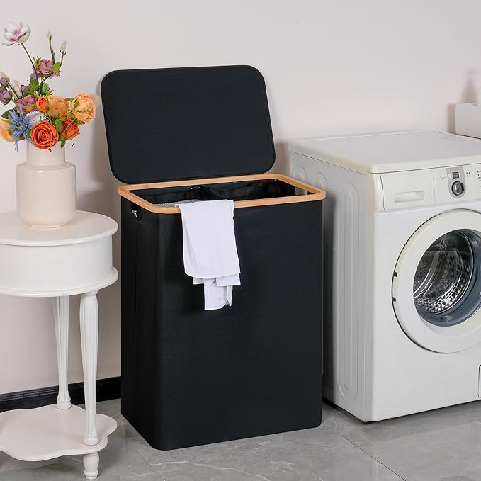 efluky Double Laundry Hamper with Lid, Divided Laundry Hamper with Removable Bags, 2 Section Dirty Clothes Basket with Handles for Bathroom, Bedroom & Laundry Room, 160L Black