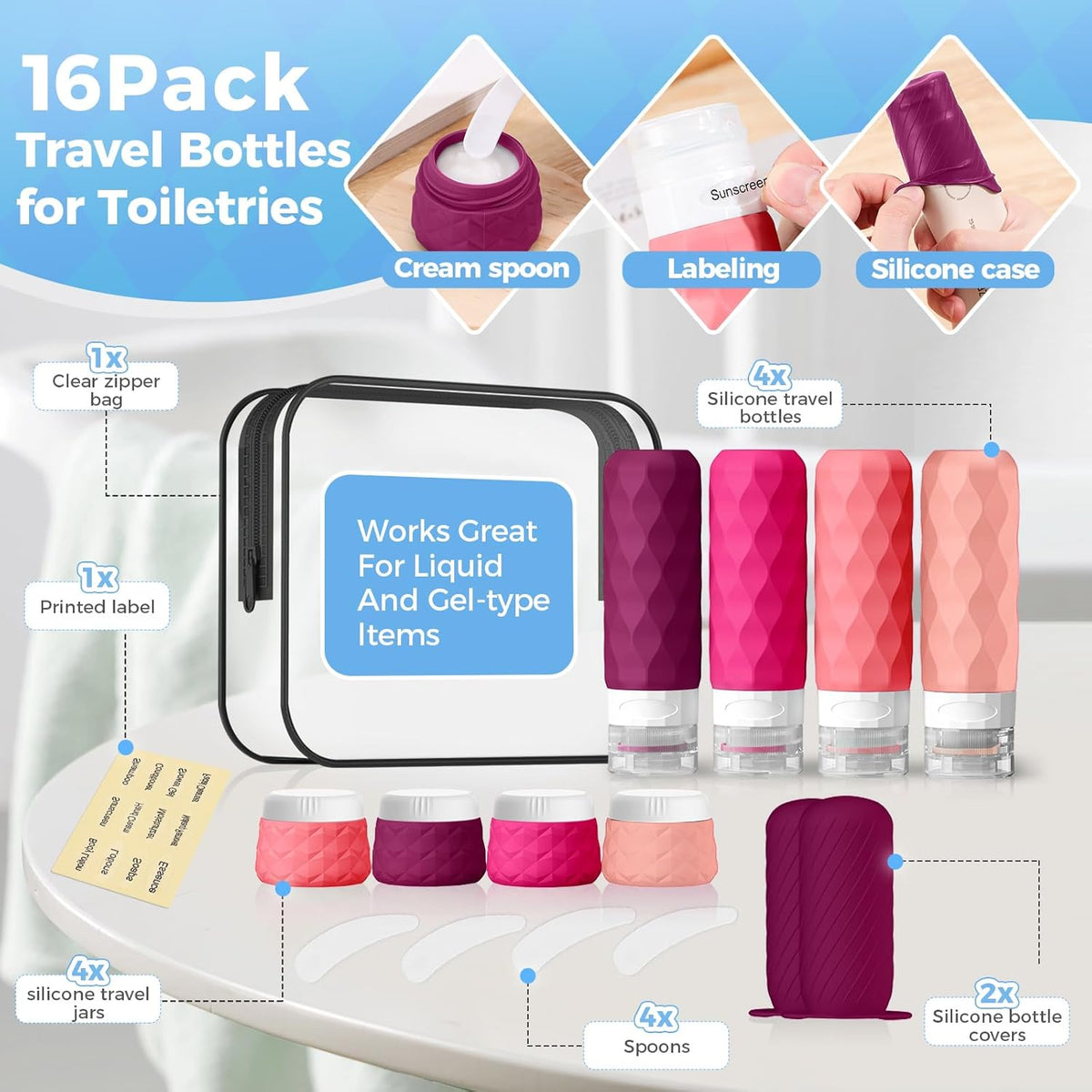 16Pack Travel Bottles for Toiletries, TSA Approved Travel Size Toiletries Containers Set, Silicone Leak Proof Refillable Bottles Elastic Sleeves Creams Jars Accessories Kit W/Clear Bag (Purplish Red)