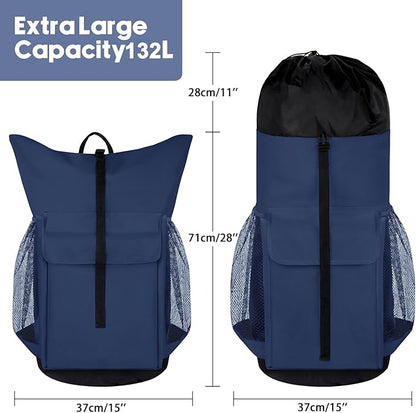 Laundry Backpack Bag, 132L Extra Large Heavy Duty Laundry Backpack for College Dorm Essentials, Laundry Hamper Travel Bag with Shoulder Straps and Mesh Wash Bags for Laundromat, Apartment Blue