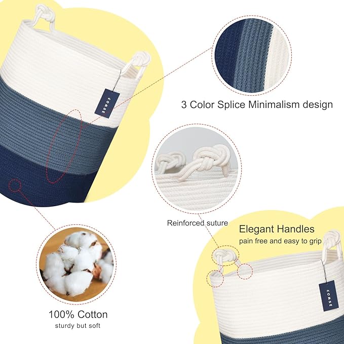 COMSE Extra Large Blanket Basket, Tall Woven Storage Basket, Nursery Hamper, 15.7”x 21.7”, Cotton Rope Laundry Hamper for Toys Clothes Towels, White/Cadet Blue/Navy Blue