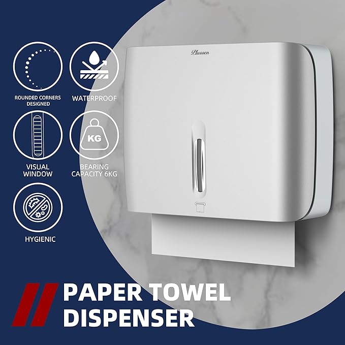 Paper Towel Dispenser Wall Mount Commercial & Home Use ABS Matte Silver Gray with Window Holds 200 C/Z/Multi-Fold Towels Includes Hardware & Key Bathroom Paper Towel Holder