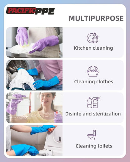 PACIFIC PPE 2 Pairs Dishwashing Cleaning Gloves with Latex free, Cotton lining, Kitchen Gloves (Purple+Blue, Large)