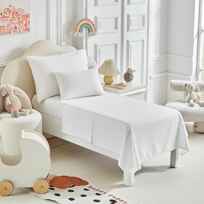 Toddler Bedding Set - 5 Piece Soft and Breathable Toddler Bed Set for Boys and Girls, Includes Quilted Comforter, Fitted Sheet, Flat Top Sheet, Standard Pillowcase and Toddler Pillowcase, White