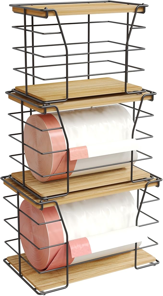 3 Pack Trash Bag Holder/Dispenser, Stackable Storage Laundry Kitchen Organizers for Countertop Organization, Wall Mount Garbage Bag Dispenser with wooden Top, No Drill