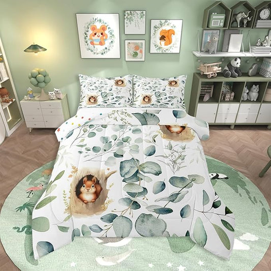Erosebridal Kawaii Squirrel Bedding Toddler Size for Boys Girls Cartoon Animal Comforter Set, Eucalyptus Leaves Duvet Insert Jungle Wildlife Quilt Comforter, Tropical Plants Bedding Comforters & Sets