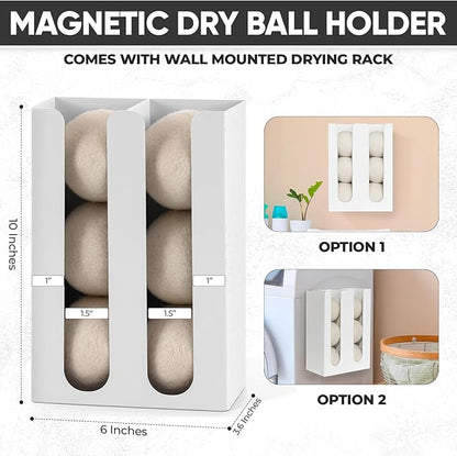 Wall Mounted Laundry Drying Rack, Retractable Clothes Drying Rack, 6 Rods Towel Drying Rack with Wall Template for Installation, Magnetic Dryer Ball Holder with Dryer Balls, White
