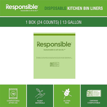 Responsible Products Kitchen Bin Liners, Certified Compostable, Heavy Duty Multipurpose Food Scrap Bags, Made from Compostable Materials (13 Gallon Drawstring, 13 Gallon (24 Count))