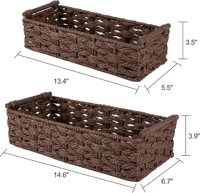 OIAHOMY Toilet Paper Baskets Handmade Paper Rope Decorative Wicker Storage Tank Shelf Cabinet Organizer for Bathroom Home, Set of 2, Brown