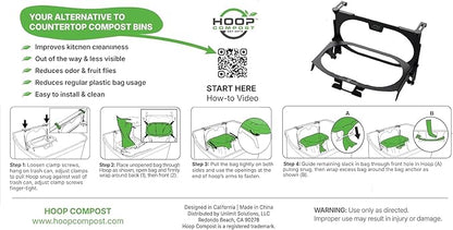 Hoop Metal Compost Bag Holder + 25 Compost Bags 3 Gallon, Clips to Kitchen Trash Can, Kitchen Cabinet Door, Replaces Countertop Compost Bin, Hanging Trash Can.