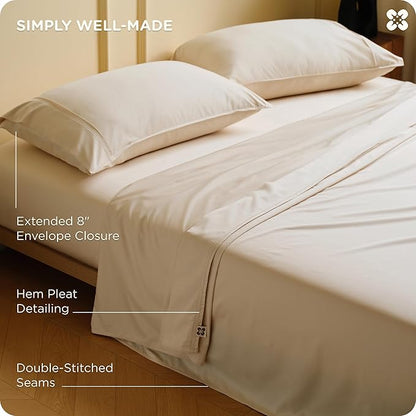 Bedsure Cooling Sheets Queen Size, Rayon Derived from Bamboo & Cotton Blend, GentleSoft, Breathable, Queen Sheet Set, Deep Pocket Up to 18 Inches, Hotel Luxury Bedding for Hot Sleepers, Beige