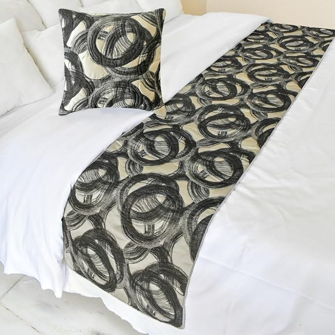 The HomeCentric King/Queen/Twin Black Designer Twin 53"x18" Bed Runner Without Pillow Cover, Circle, Rings, Quilted Bed Scarf on Jacquard Fabric - Circlewise