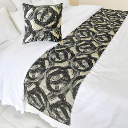 The HomeCentric King/Queen/Twin Black Decorative Queen 74"x18" Bed Runner with Pillow Cover, Circle, Rings, Quilted Bed Scarf on Jacquard Fabric - Circlewise