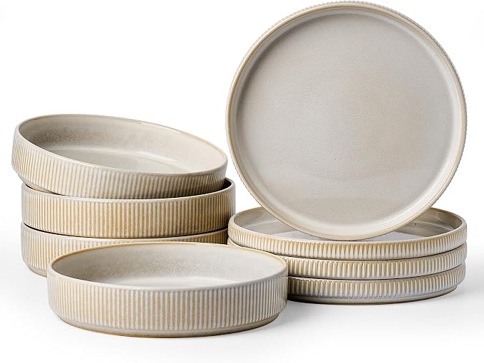 Stoneware Dinnerware Sets for 4, 8-Piece Wide Pasta Bowls and Salad Plates |